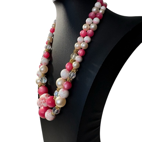 Vintage‎ Pink Double Strand Necklace Cat's Eye Faux Pearl Chunky Beads Marbled - Picture 4 of 16